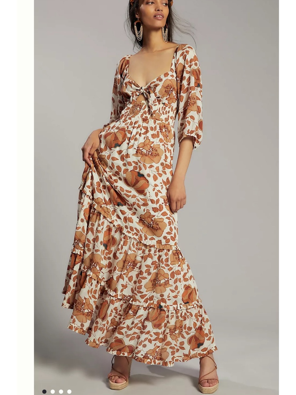 Anthropologie Brown and Cream Floral Tie-Front Maxi Dress size X Small P